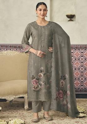 Grey Printed Cotton Straight Kurta Set