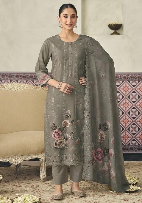 Grey Printed Cotton Kurta Set