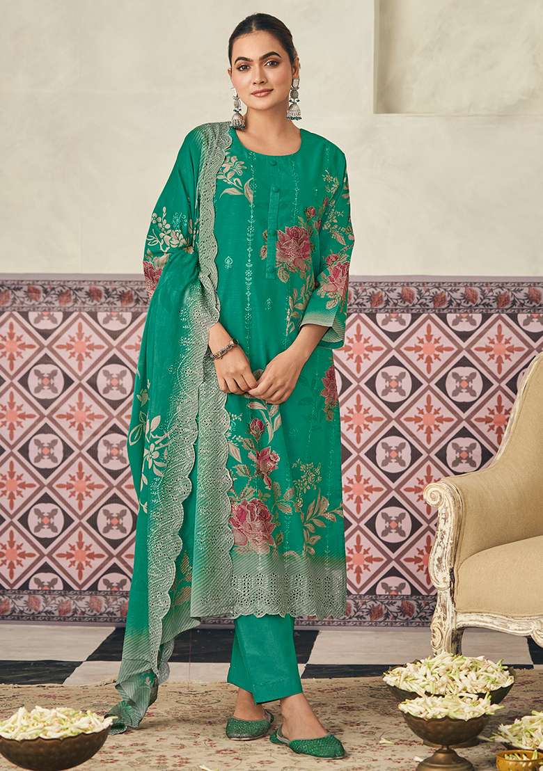 Green Embroidered Cotton Straight Kurta Set - Indya