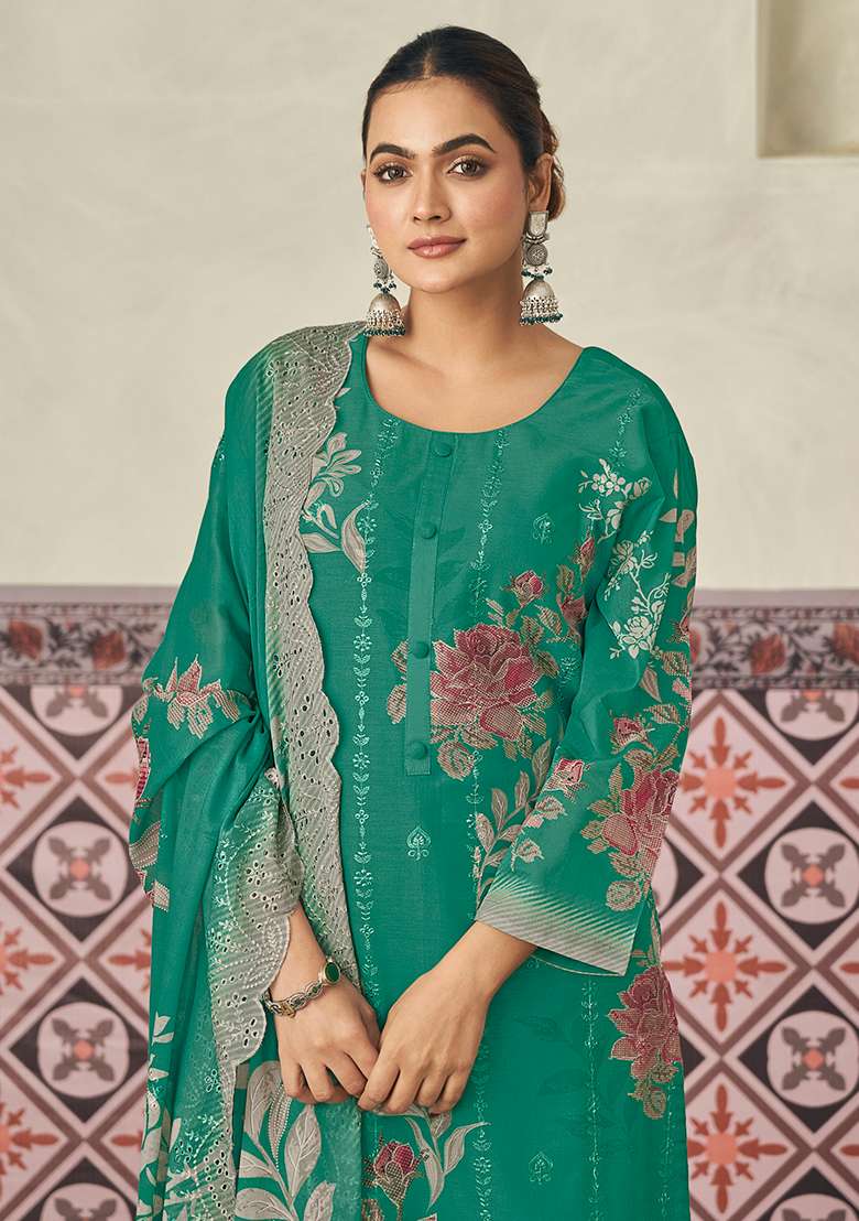Green Embroidered Cotton Straight Kurta Set - Indya