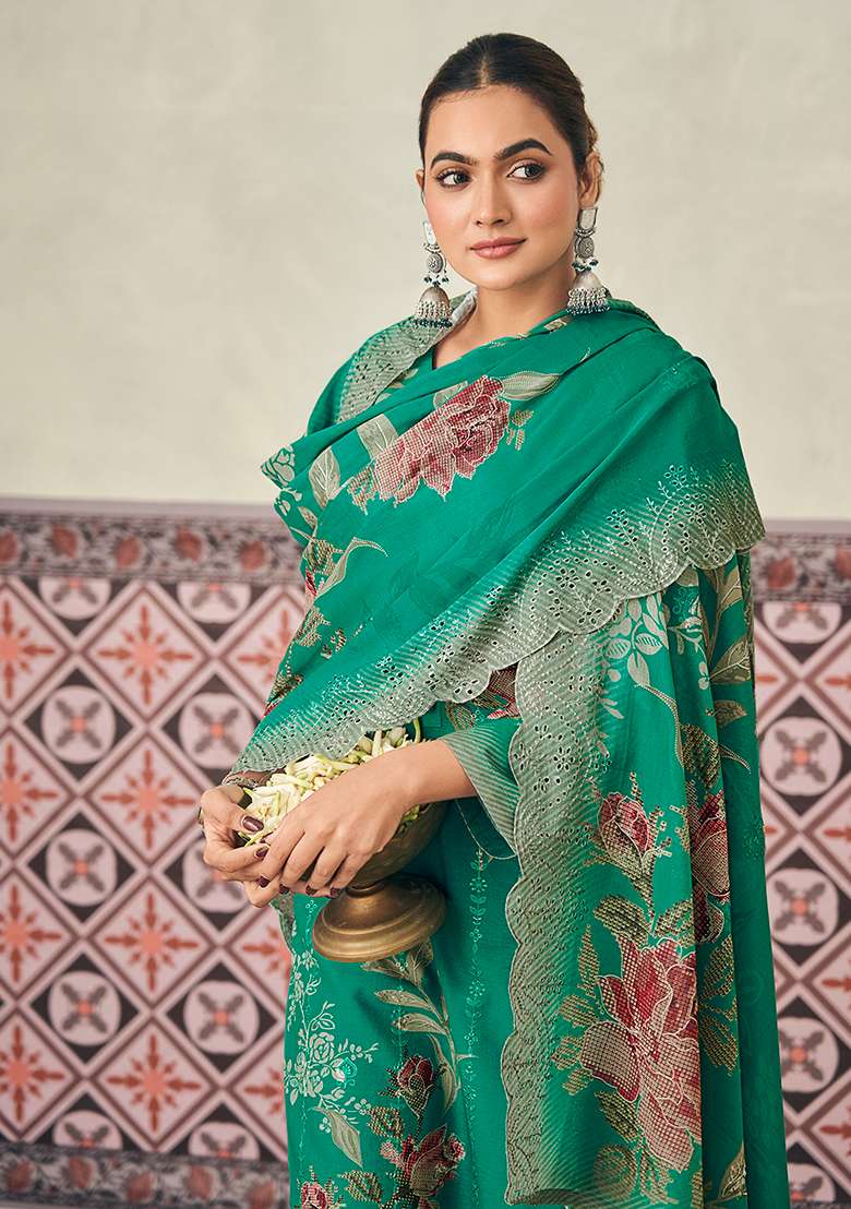 Green Embroidered Cotton Straight Kurta Set - Indya