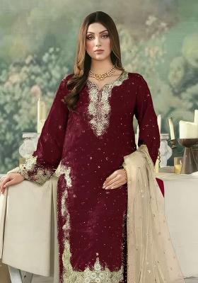 Maroon Embroidery Jimmy Choo Straight Kurta Set