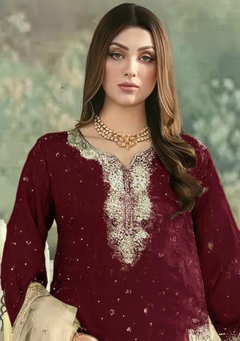 Maroon Embroidery Jimmy Choo Straight Kurta Set - Indya