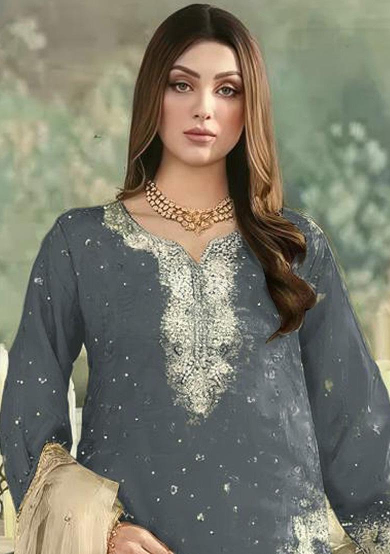 Grey Embroidery Jimmy Choo Straight Kurta Set - Indya
