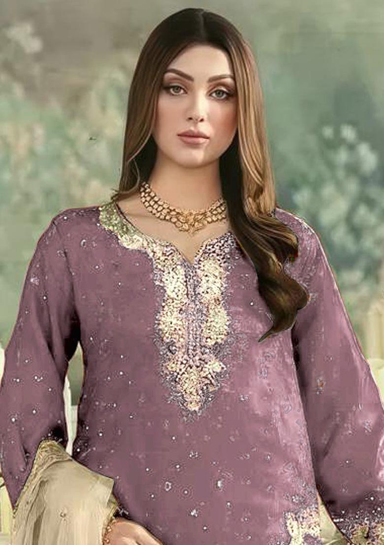 Lavender Embroidery Jimmy Choo Straight Kurta Set - Indya