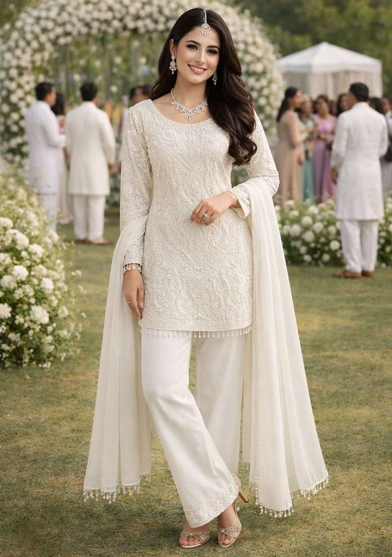White Embroidery Georgette Kurta Set - Indya
