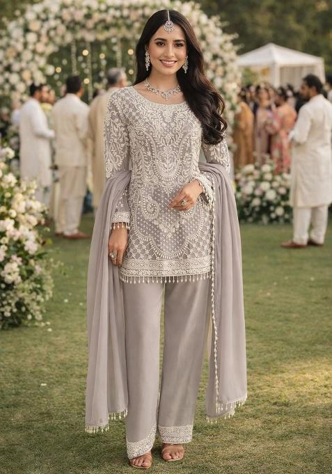 Grey Embroidery Georgette Kurta Set