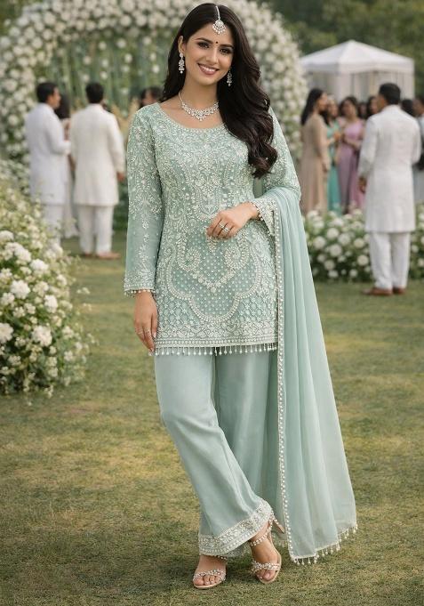 Sky Blue Embroidery Georgette Kurta Set