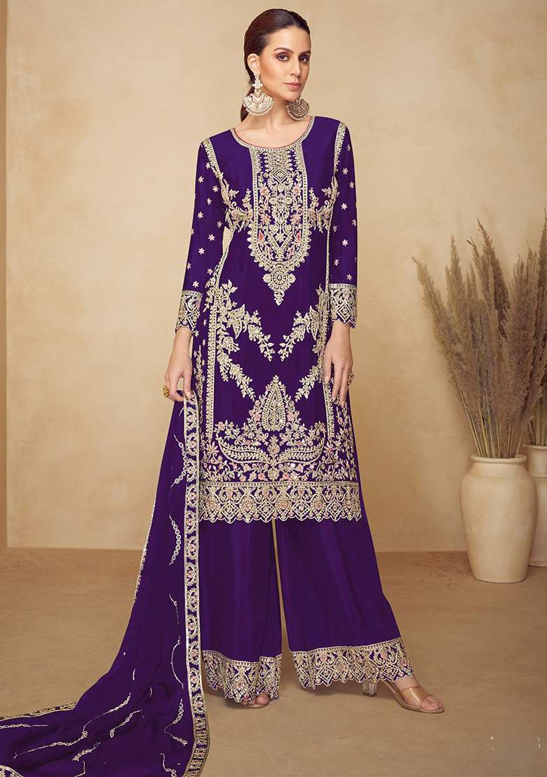 Purple Embroidered Chinon Pakistani Suit Set - Indya