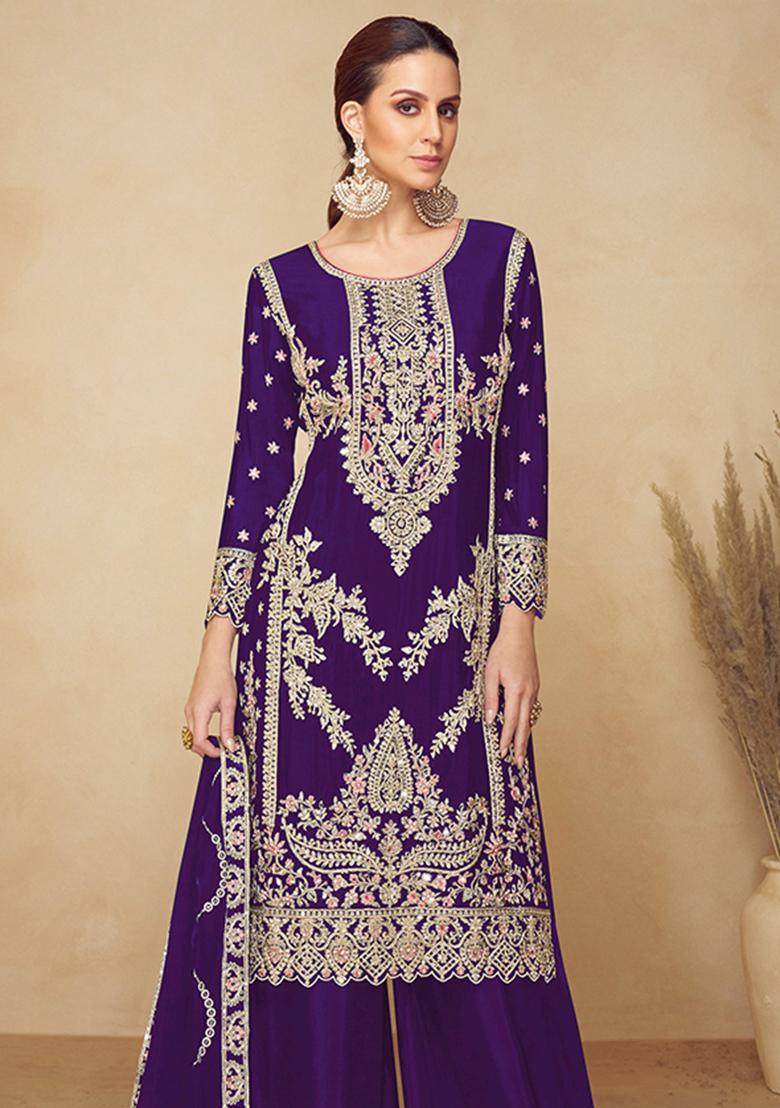 Purple Embroidered Chinon Kurta Set - Indya