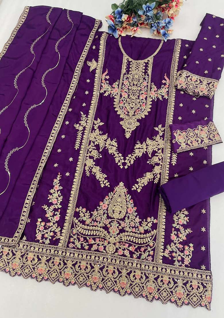 Purple Embroidered Chinon Pakistani Suit Set - Indya