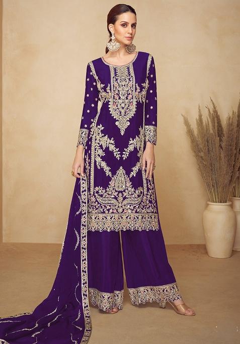 Purple Embroidered Chinon Kurta Set