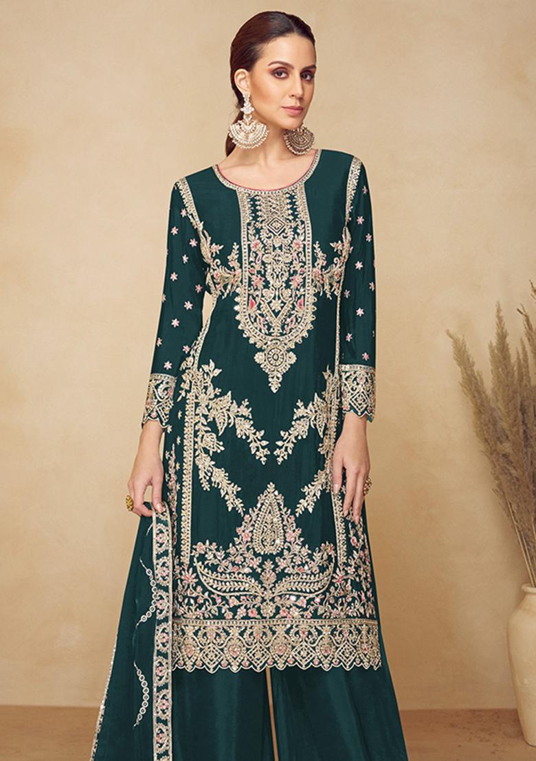 Green Embroidered Chinon Kurta Set - Indya