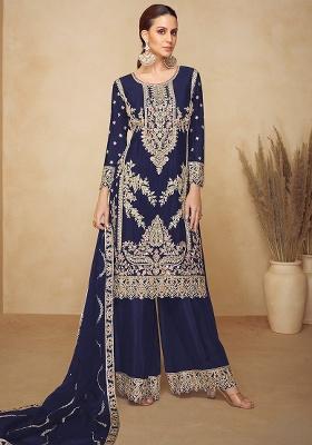 Blue Embroidered Chinon Kurta Set