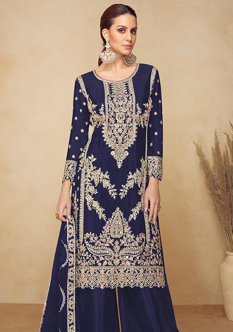 Blue Embroidered Chinon Kurta Set - Indya