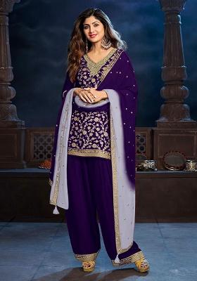 Purple Patch Work Silk Kurta Set