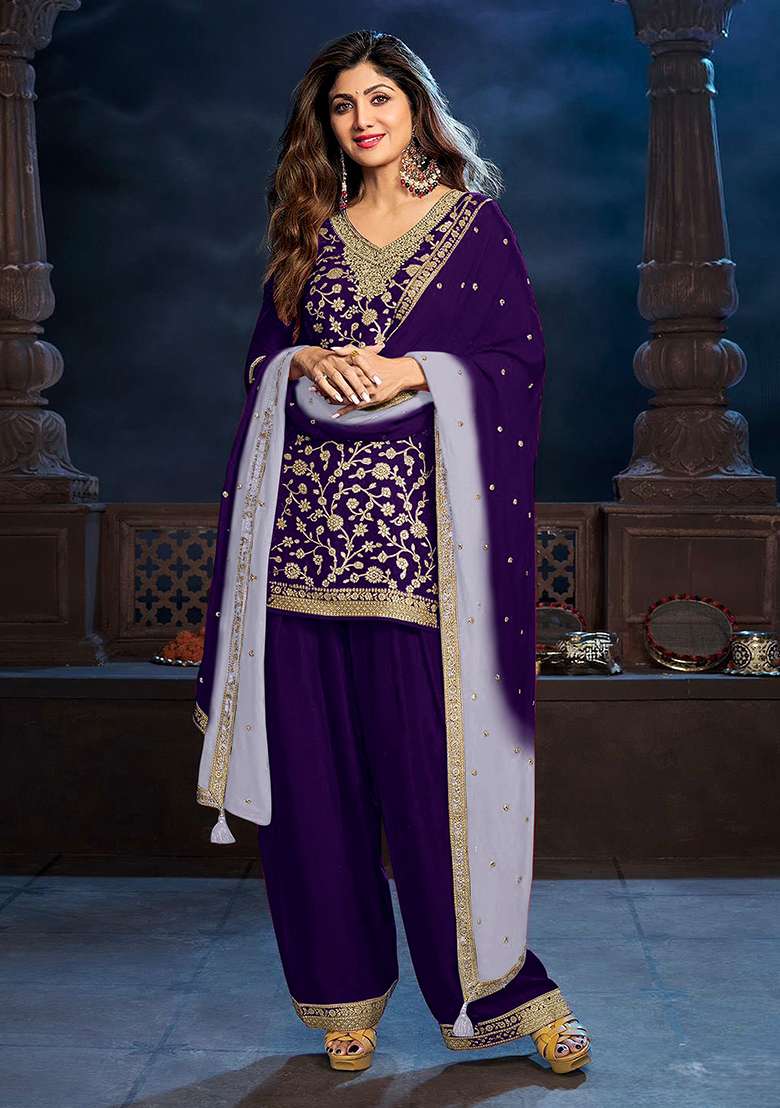 Purple Embroidered Silk Blend Punjabi Suit - Indya