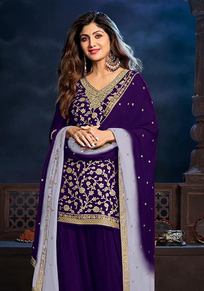 Purple Patch Work Silk Kurta Set - Indya