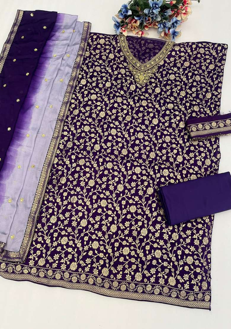 Purple Embroidered Silk Blend Punjabi Suit - Indya