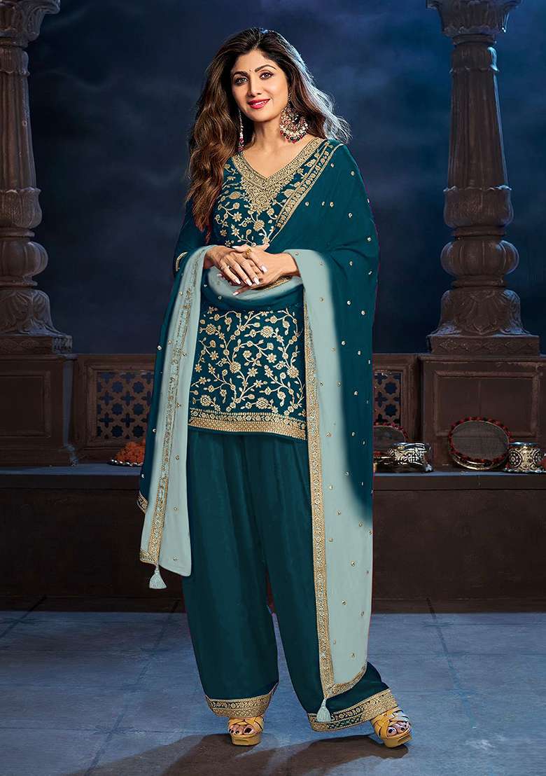 Green Embroidered Silk Blend Punjabi Suit - Indya