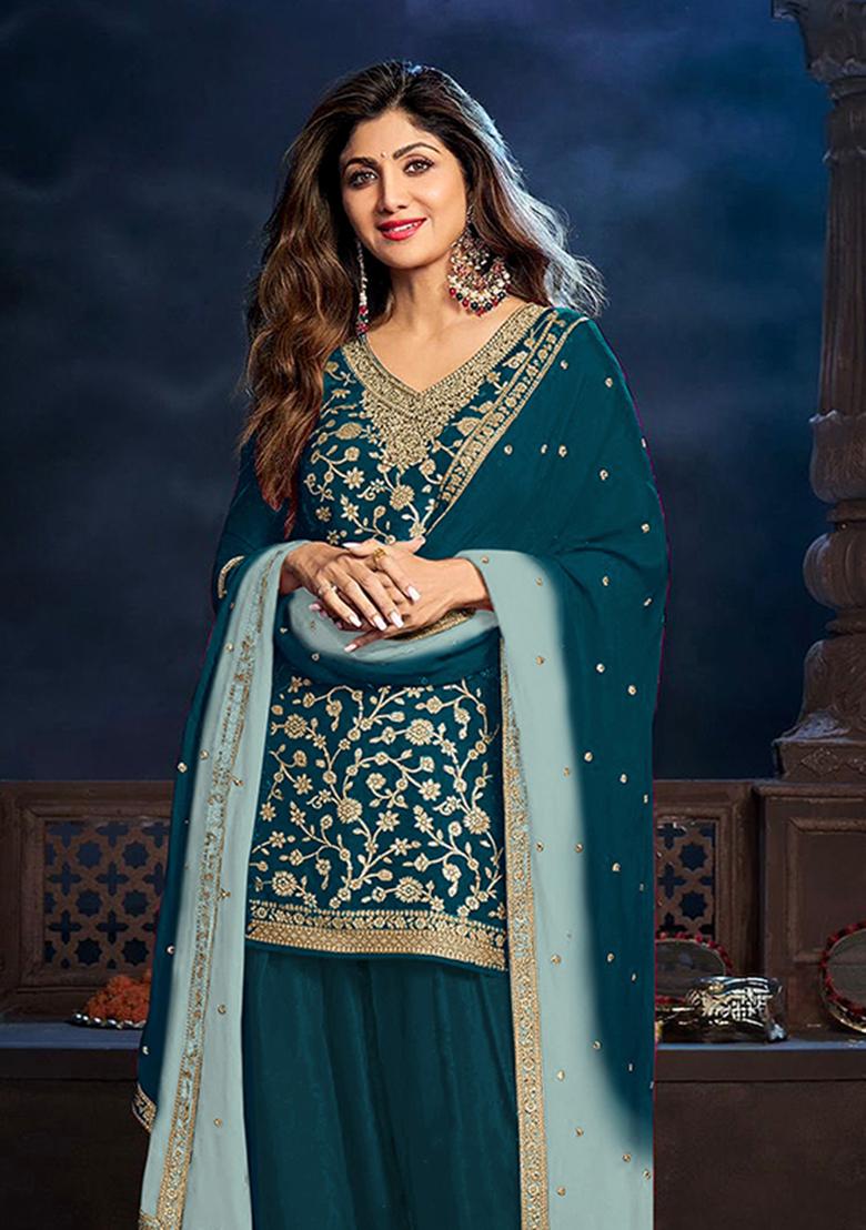 Green Patch Work Silk Kurta Set - Indya