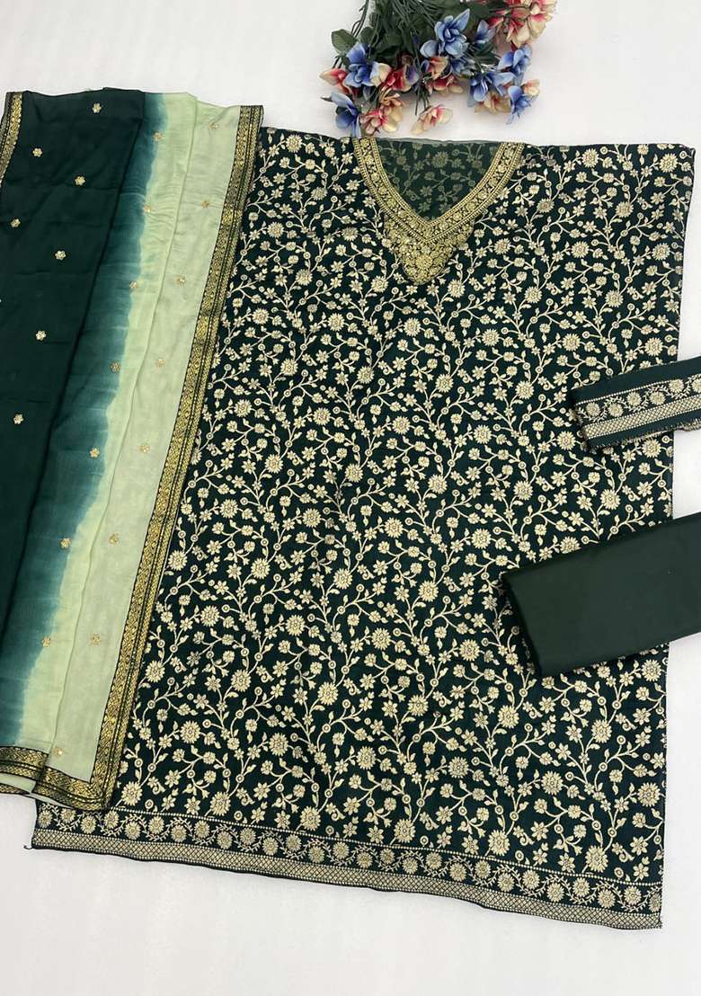 Green Embroidered Silk Blend Punjabi Suit - Indya