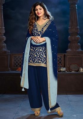 Blue Patch Work Silk Kurta Set