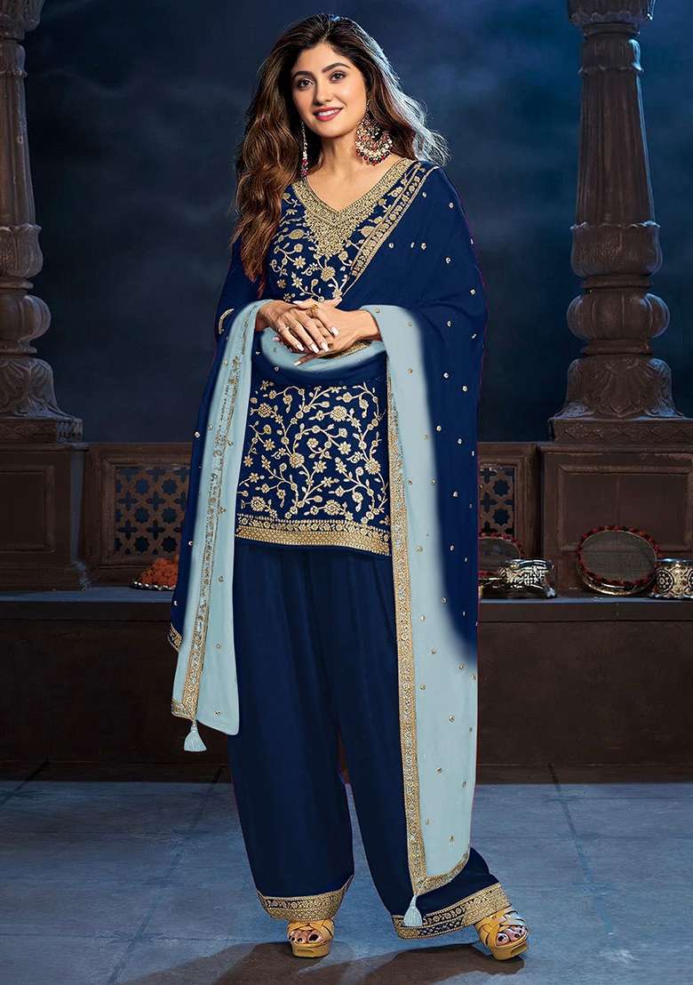 Blue Embroidered Silk Blend Punjabi Suit - Indya