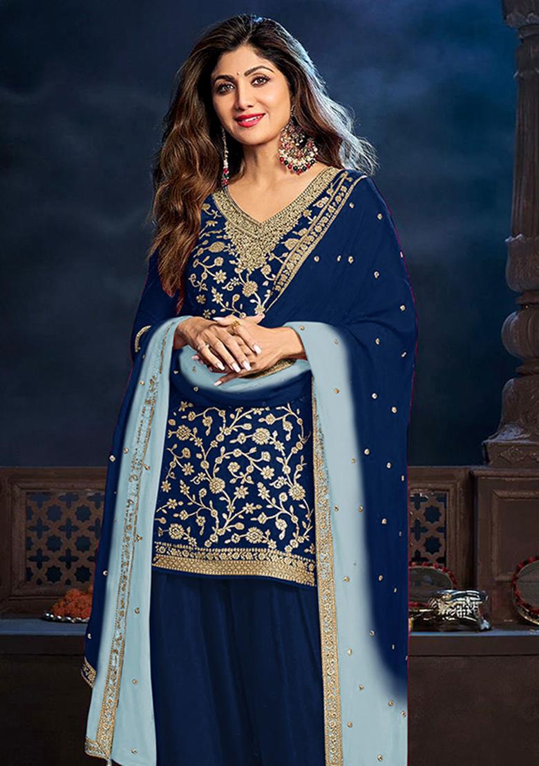 Blue Patch Work Silk Kurta Set - Indya