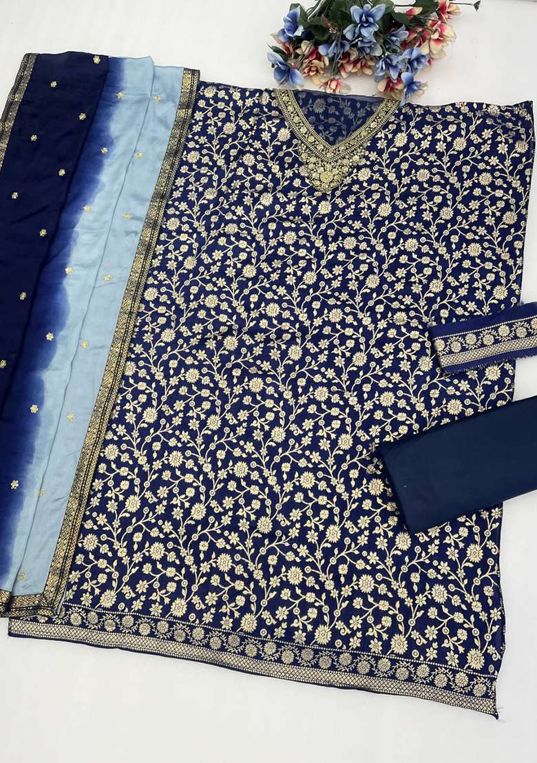 Blue Embroidered Silk Blend Punjabi Suit - Indya