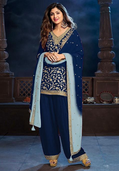 Blue Patch Work Silk Kurta Set