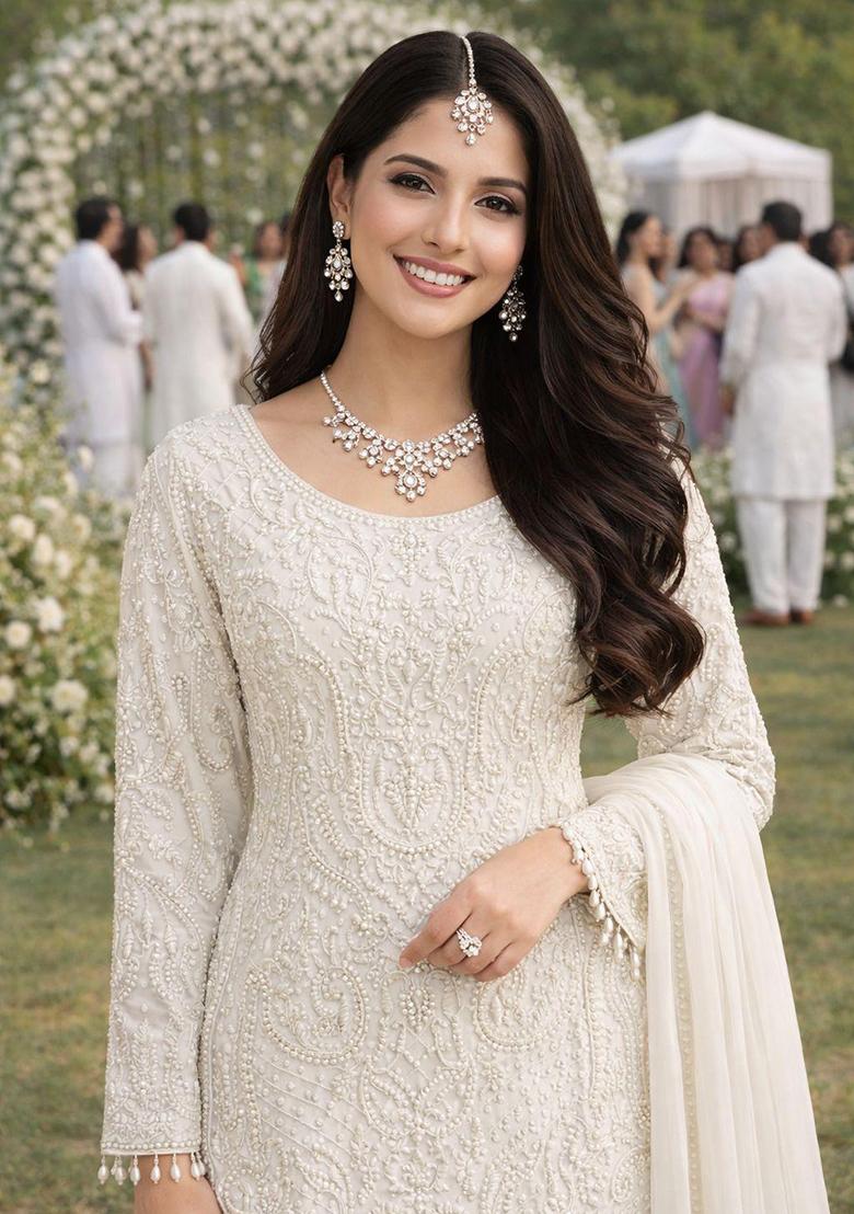 White Embroidered Georgette Kurta Set - Indya