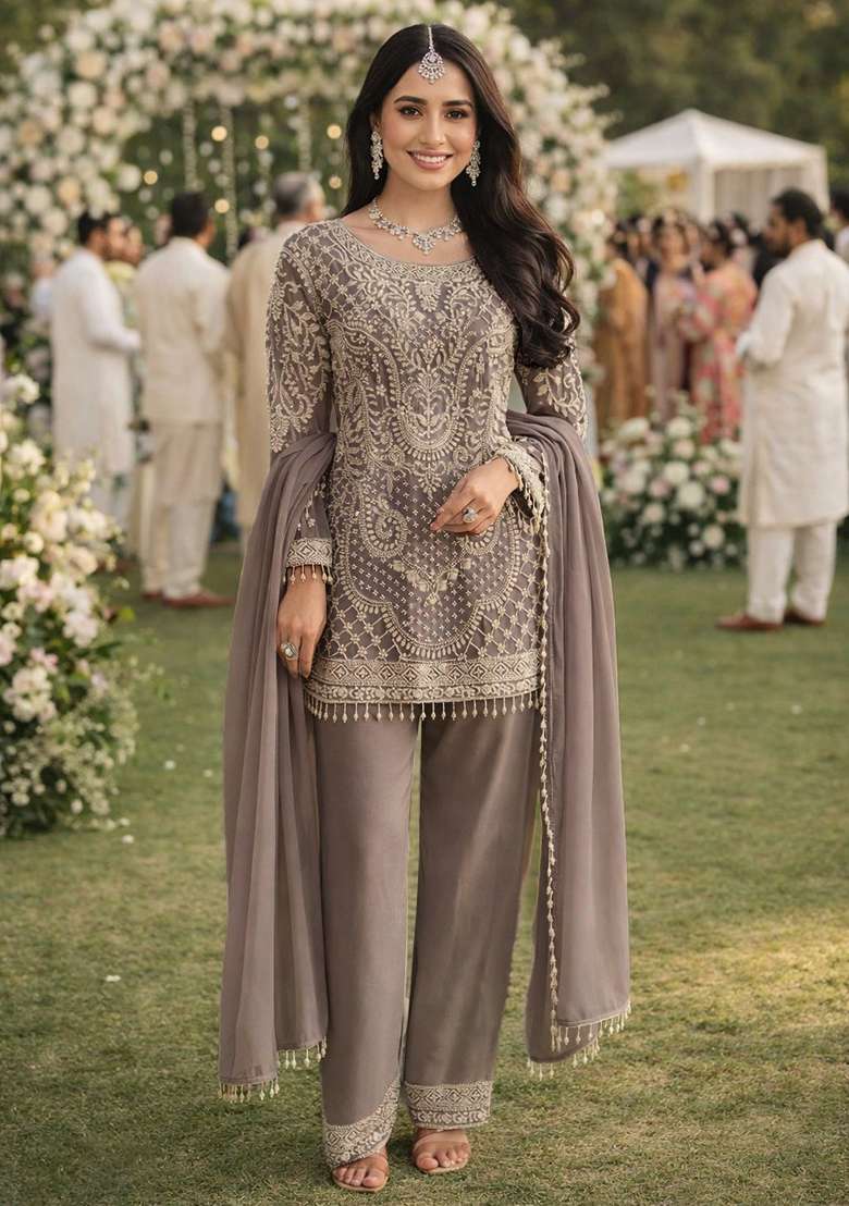 Beige Embellished Georgette Pakistani Suit Set - Indya