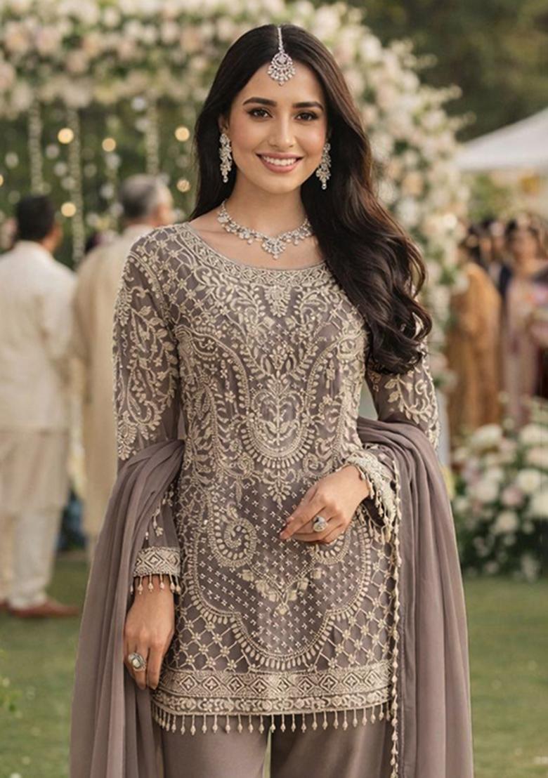 Beige Embroidered Georgette Kurta Set - Indya