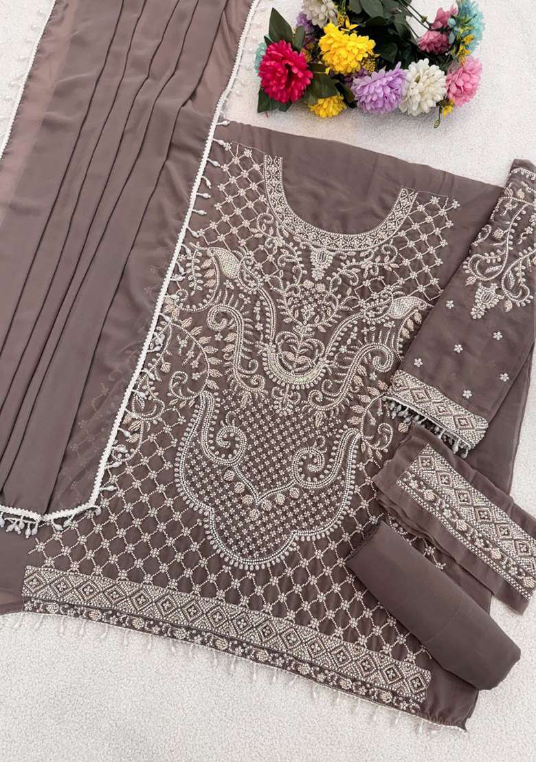 Beige Embellished Georgette Pakistani Suit Set - Indya