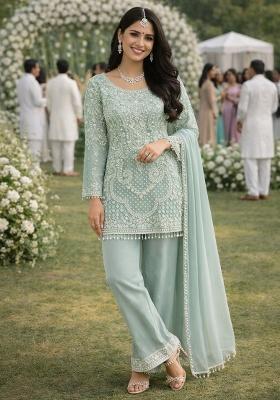 Turquoise Embroidered Georgette Kurta Set