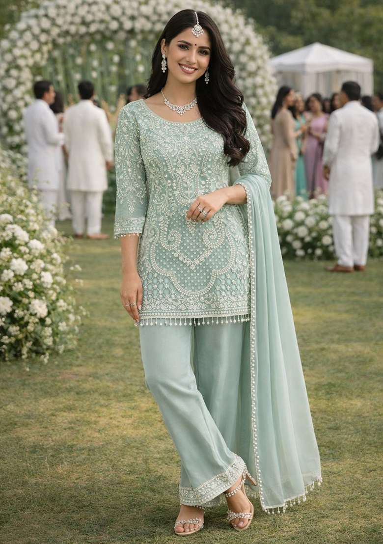Turquoise Embellished Georgette Pakistani Suit Set - Indya