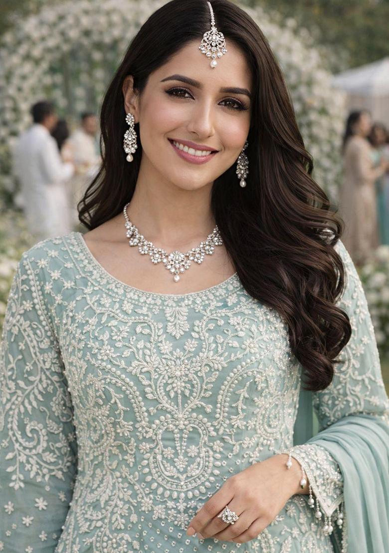 Turquoise Embroidered Georgette Kurta Set - Indya