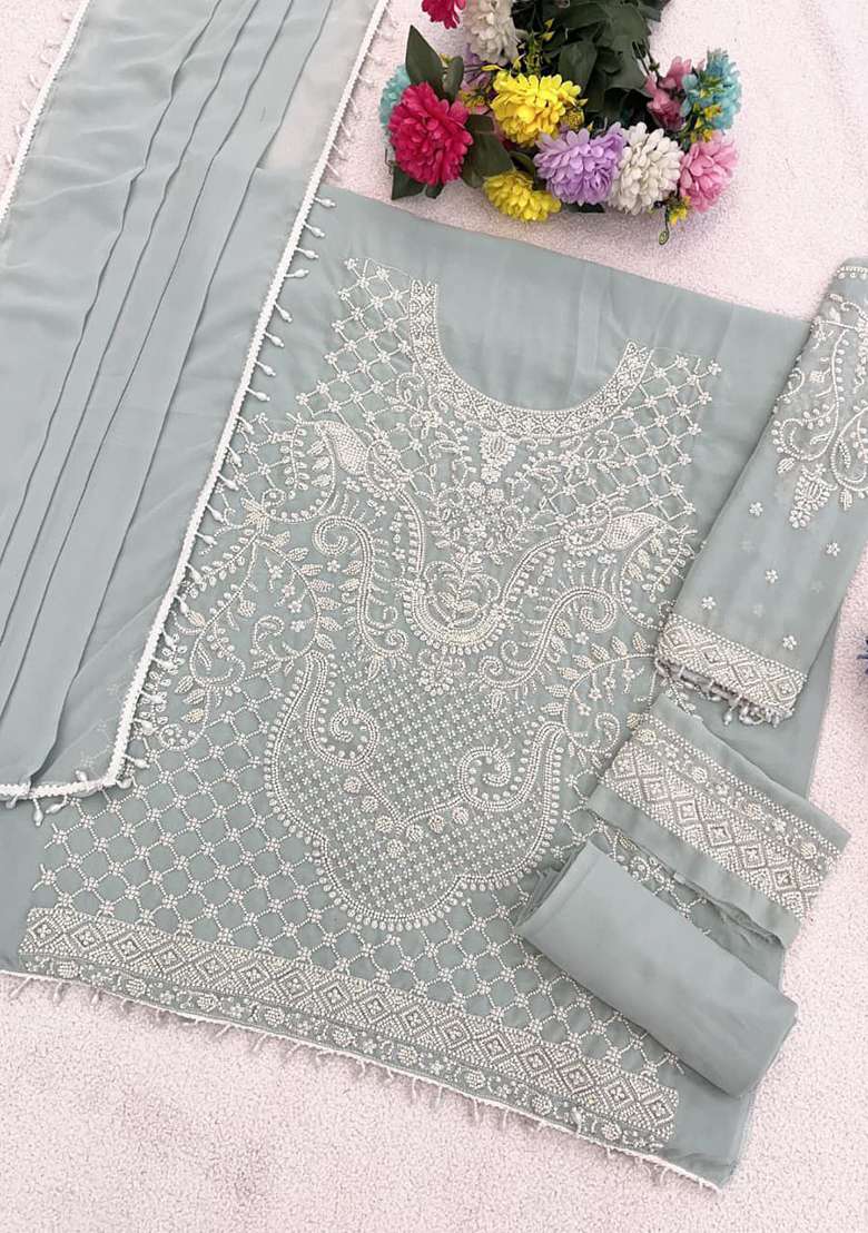 Turquoise Embellished Georgette Pakistani Suit Set - Indya