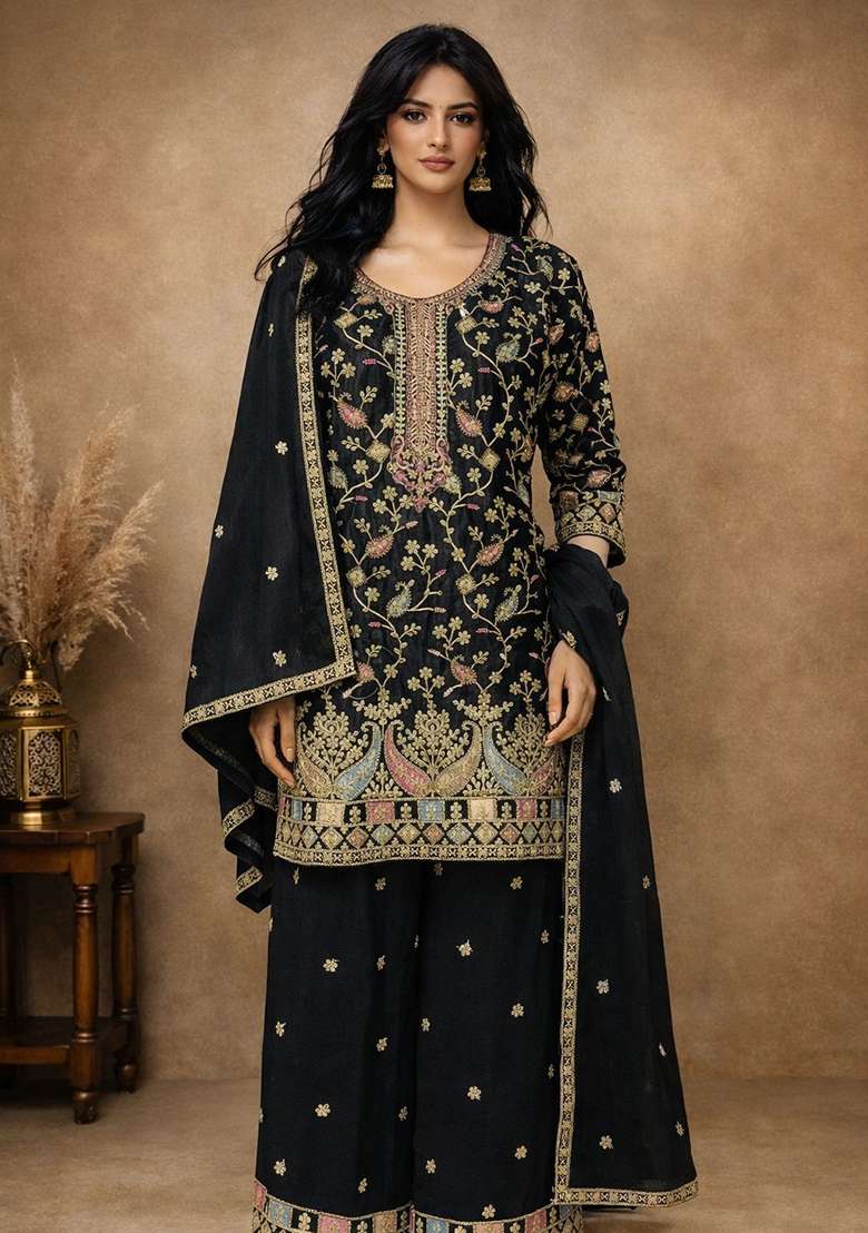 Black Thread Work Chinon Punjabi Suit - Indya
