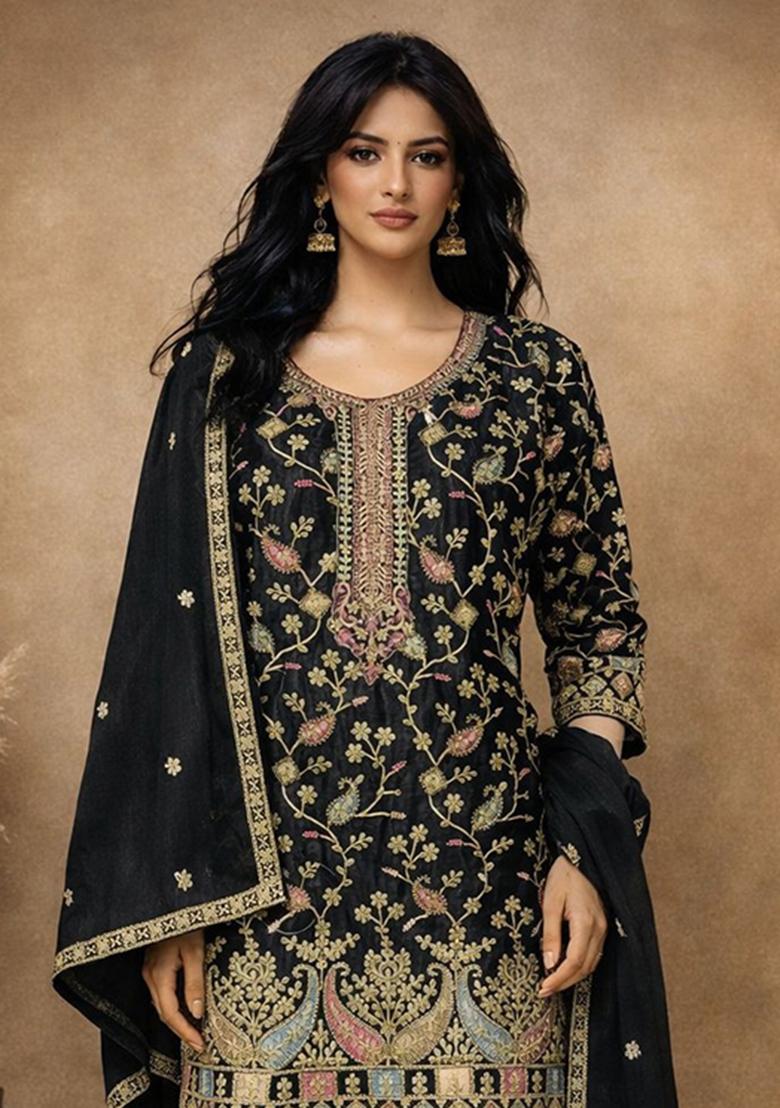 Black Embroidered Chinon Kurta Set - Indya