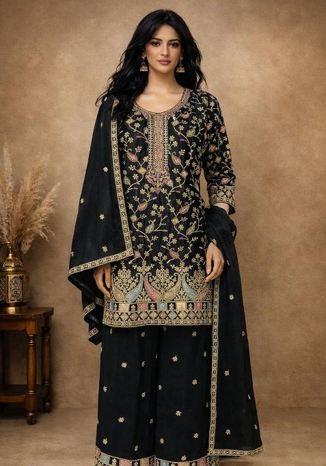 Black Embroidered Chinon Kurta Set