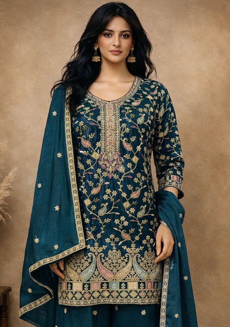 Teal Embroidered Chinon Kurta Set - Indya