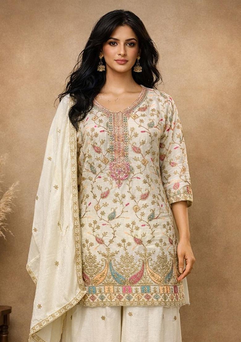 White Embroidered Chinon Kurta Set - Indya