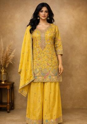 Yellow Embroidered Chinon Kurta Set