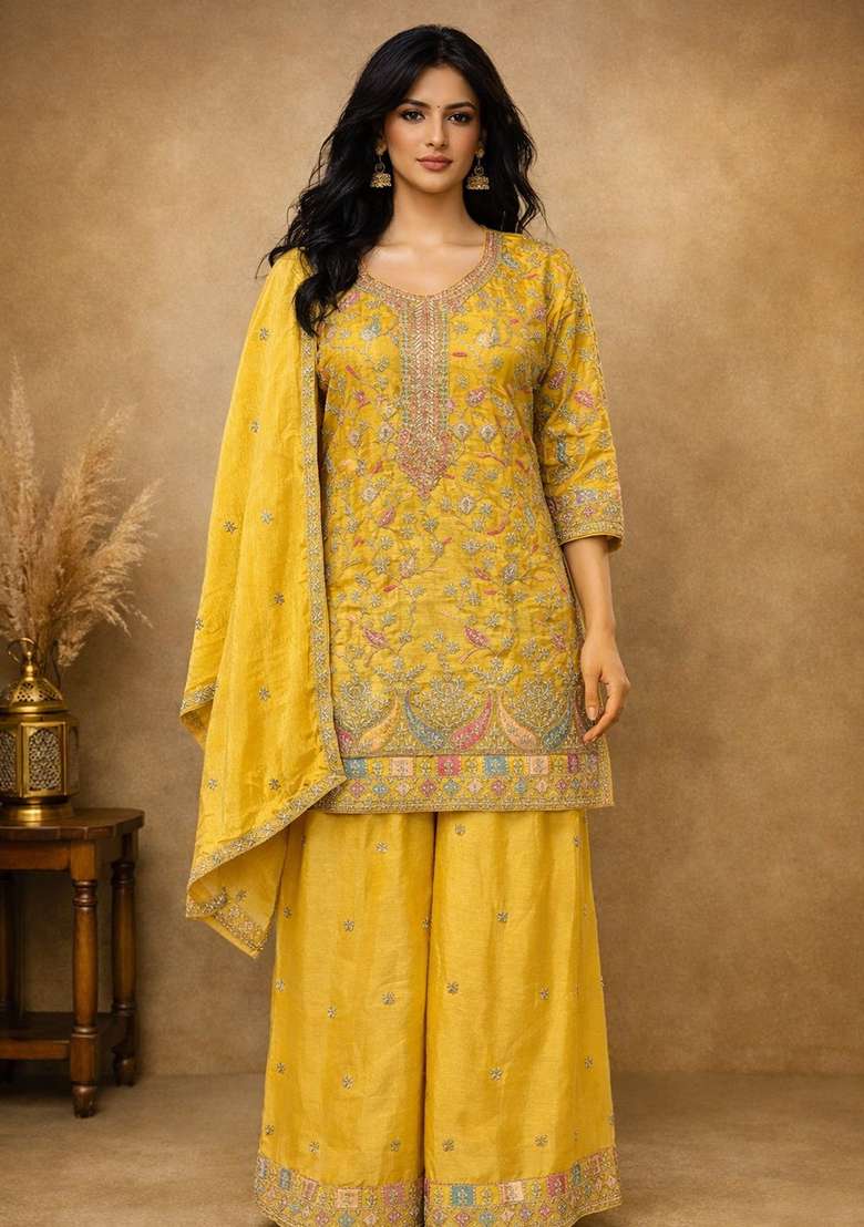 Yellow Thread Work Chinon Punjabi Suit - Indya