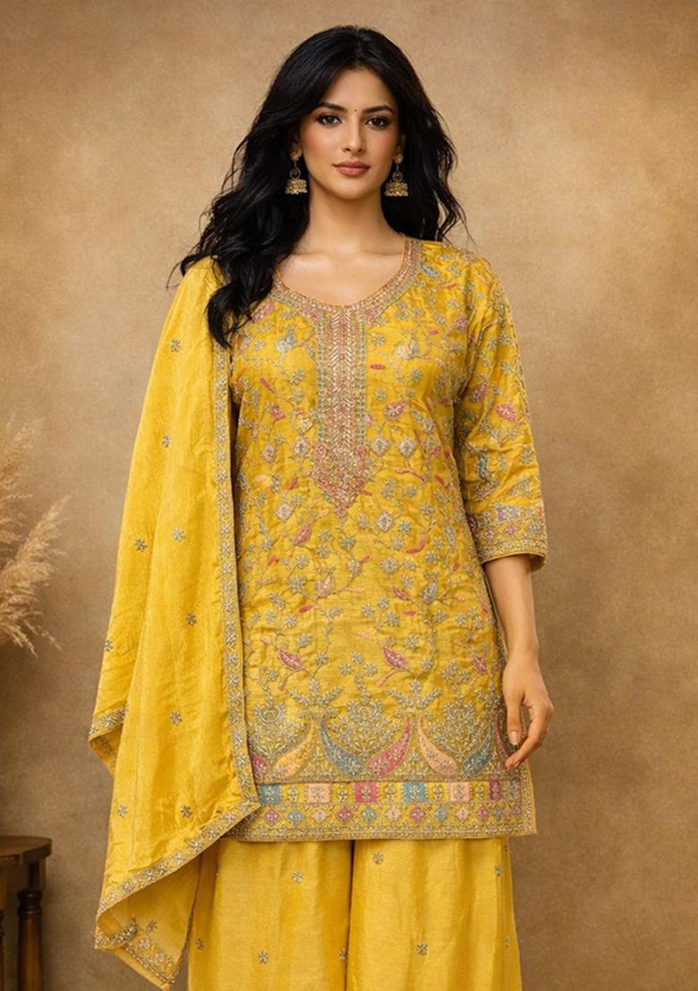 Yellow Embroidered Chinon Kurta Set - Indya