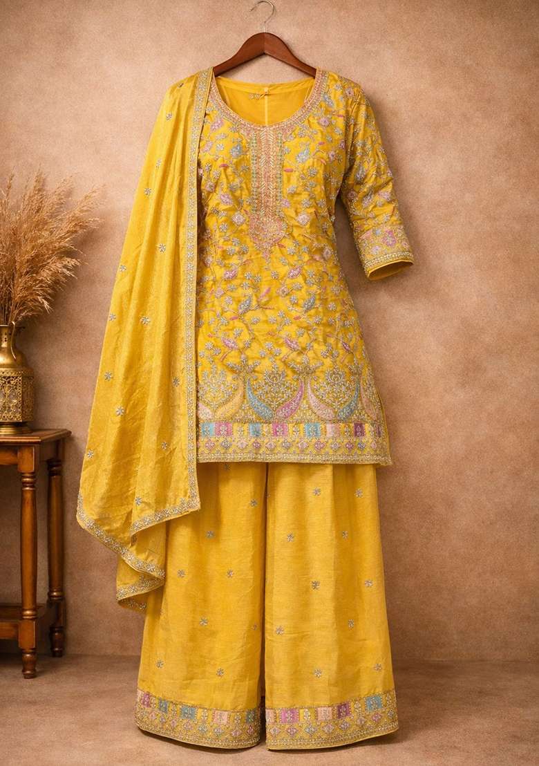 Yellow Thread Work Chinon Punjabi Suit - Indya