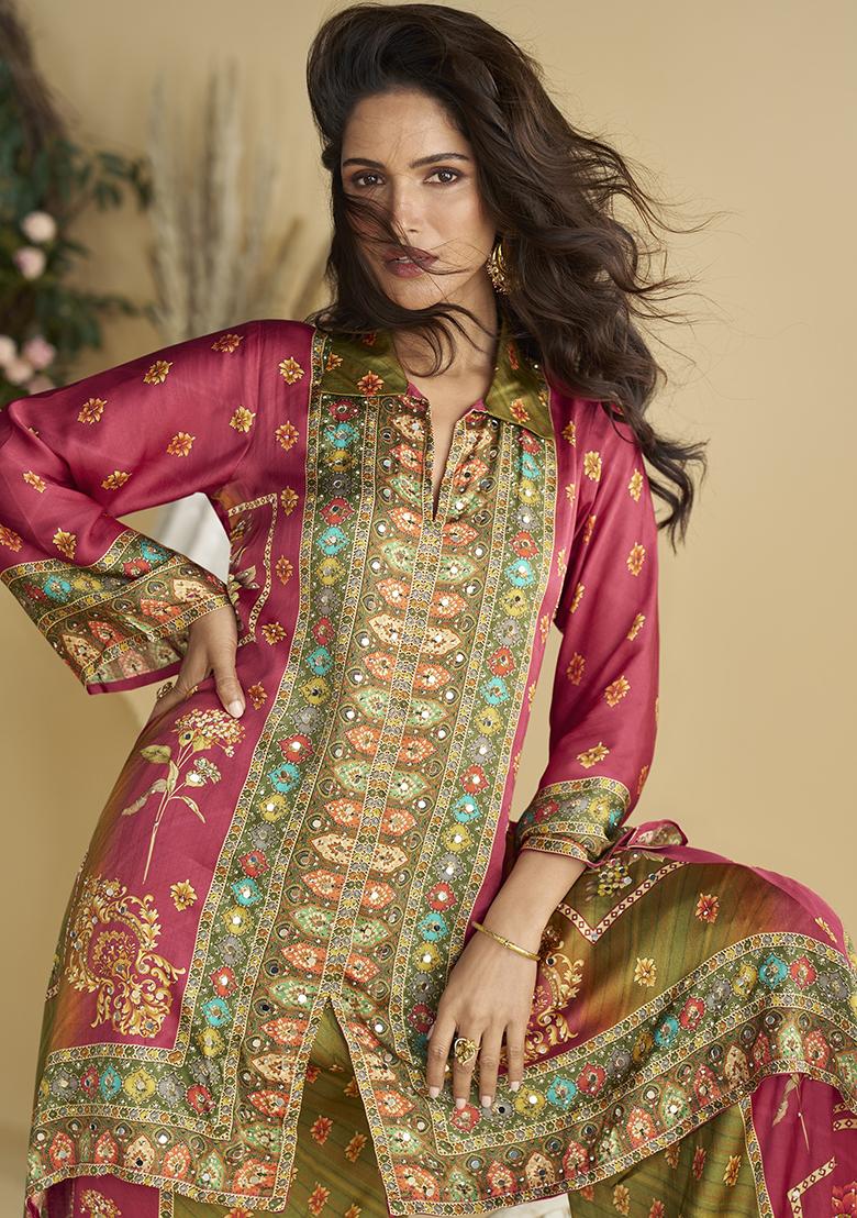 Pink Mirror Work Silk Kurta Set - Indya