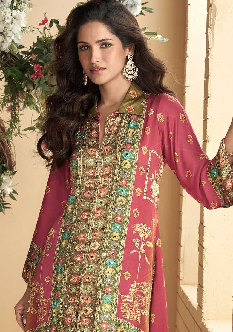 Pink Printed Silk Co Ord Set - Indya